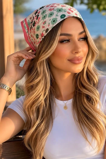 Pembe Çiçek Desenli Bandana