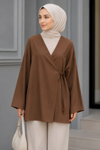 Açık Kahve Kruvaze Yaka Yandan Bağlamalı Yazlık Kimono Tunik