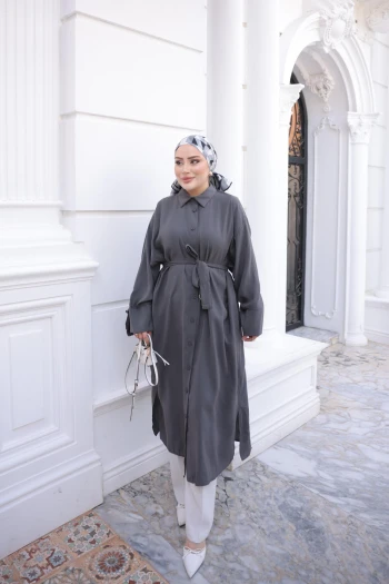 Antrasit Bel Kuşaklı Cepli Oversize Tunik