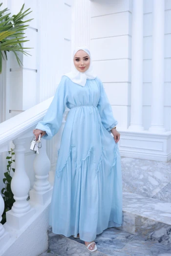 Bebe Mavi Bel Bağlamalı Dikiş Detaylı Elbise