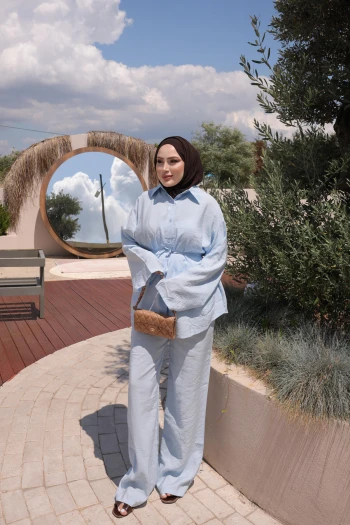 Bebe Mavi Bel Bağlamalı Gömlek Pantolonlu Takım