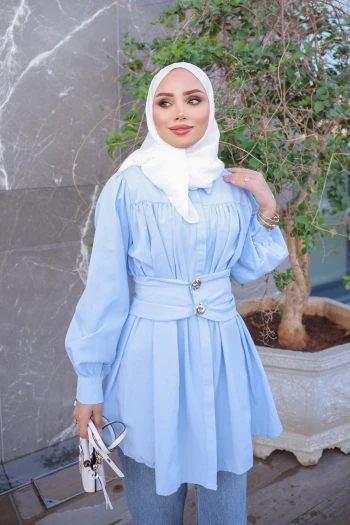Bebe Mavi Gizli Düğmeli Kemer Detaylı Gömlek