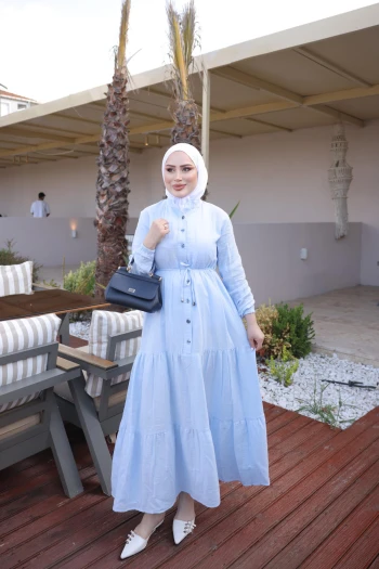 Bebe Mavi Kol Lastikli  Eteği Katlı Müslin Elbise
