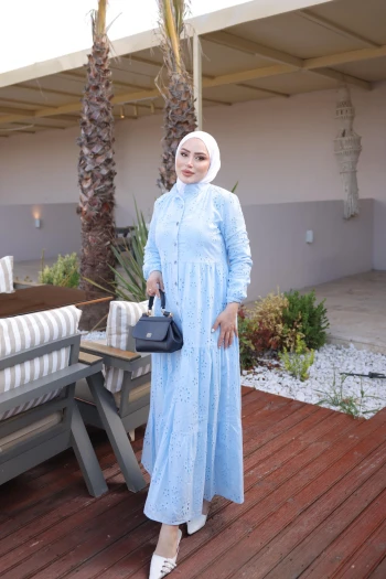 Bebe Mavi Yarım Düğmeli Fisto Nakışlı Elbise