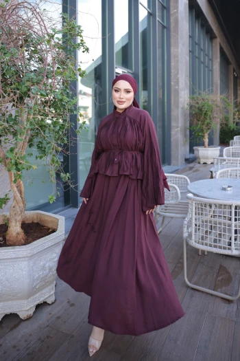 Bordo Bel Bağlamalı Piliseli Gömlek Etekli Takım