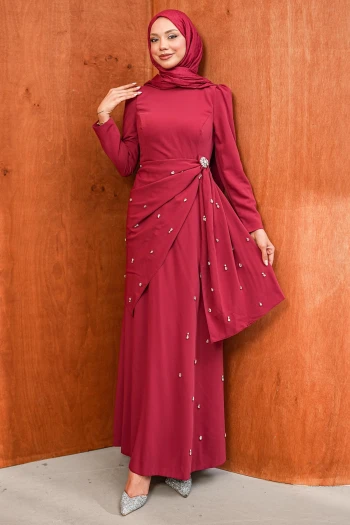 Bordo Bel Detaylı Taşlı Abiye