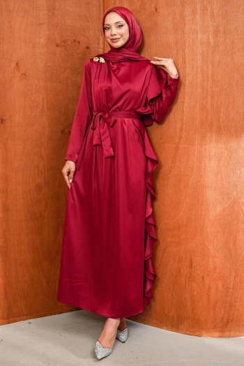 Bordo Omuz Bronşlu Saten Abiye