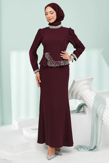 Bordo Taş Detaylı Peplum Tasarım Abiye