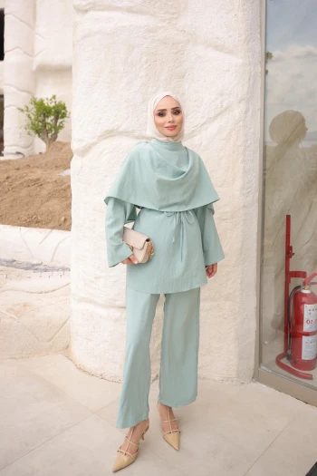 Çağla Şal Detaylı Tunik Pantolonlu Takım