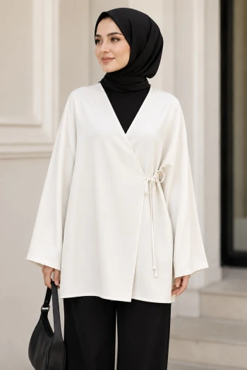 Ekru Kruvaze Yaka Yandan Bağlamalı Yazlık Kimono Tunik
