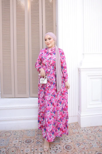Fuşya Yarım Düğmeli Kol Lastikli Eteği Katlı Elbise