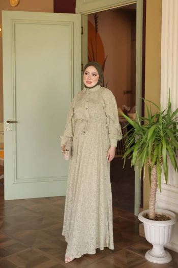 Haki Bel Bağlamalı Desenli Elbise
