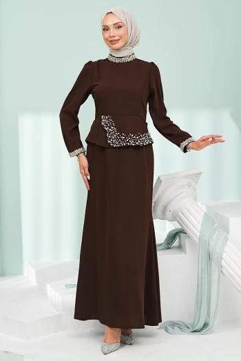 Kahverengi Taş Detaylı Peplum Tasarım Abiye