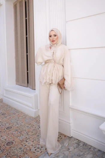 Krem Nakış İşlemeli Kimono Patolonlu Takım