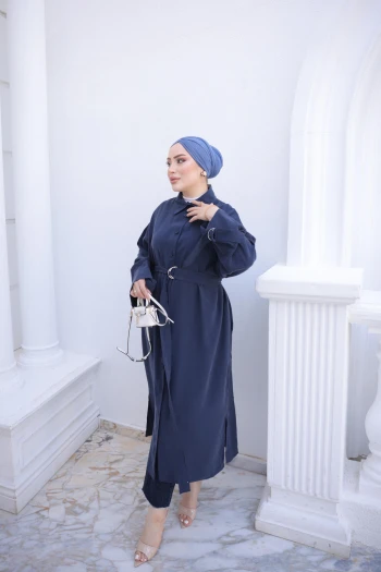 Lacivert Bel Kuşaklı Cepli Oversize Tunik