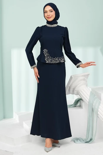 Lacivert Taş Detaylı Peplum Tasarım Abiye