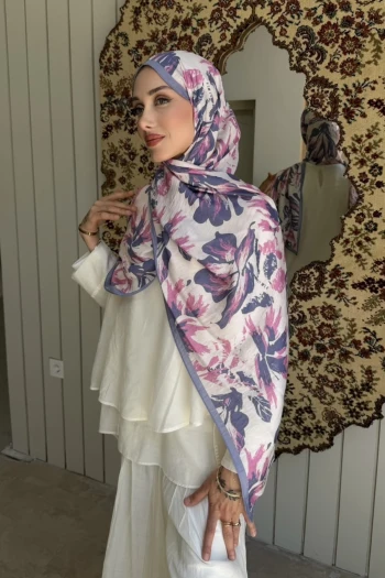 Lila Desenli İpek Şal