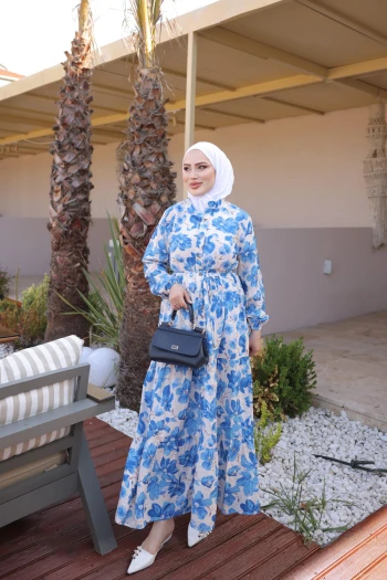 Mavi Yarım Düğmeli Kol Lastikli Eteği Katlı Elbise