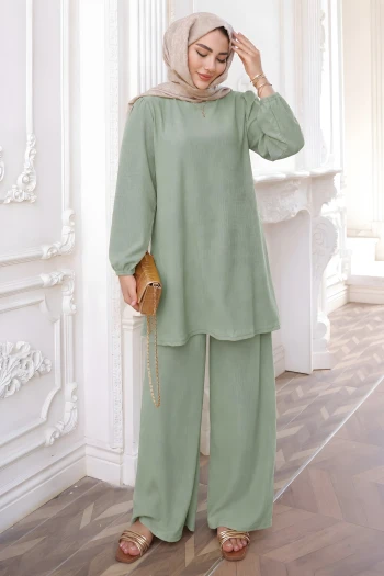 Mint Yeşili Bürümcük Tunik Pantolonlu Takım
