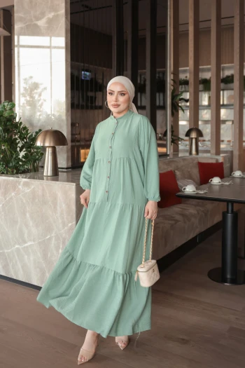 Mint Yeşili Yarım Düğmeli Kol Lastikli Eteği Katlı  Elbise