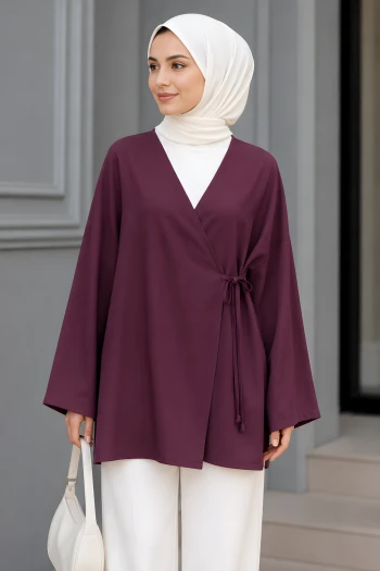 Mor Kruvaze Yaka Yandan Bağlamalı Yazlık Kimono Tunik