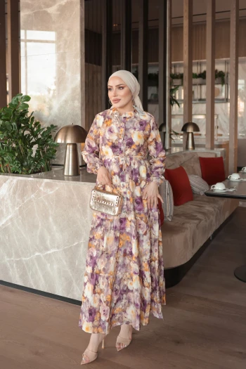 Mor Yarım Düğmeli Kol Lastikli Eteği Katlı Elbise