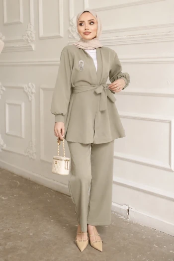 Olive Yaka Bronş Detaylı  Tunik Pantolonlu Takım
