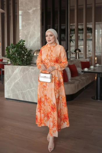 Oranj Yarım Düğmeli Kol Lastikli Eteği Katlı Elbise