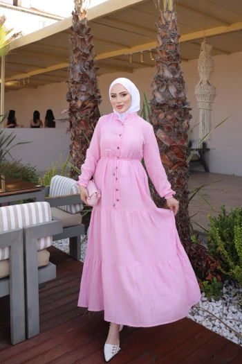 Pembe Kol Lastikli  Eteği Katlı Müslin Elbise
