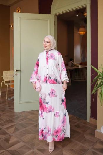 Pembe Yarım Düğmeli Kol Lastikli Eteği Katlı Viskon Elbise
