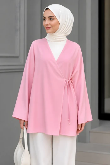 Pudra Kruvaze Yaka Yandan Bağlamalı Yazlık Kimono Tunik