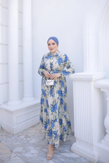 Saks Mavi Yarım Düğmeli Kol Lastikli Eteği Katlı Elbise