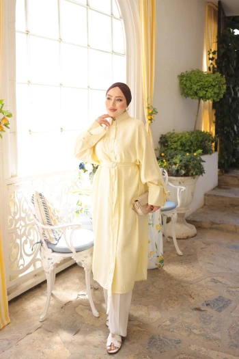 Sarı Bel Kuşaklı Cepli Oversize Tunik