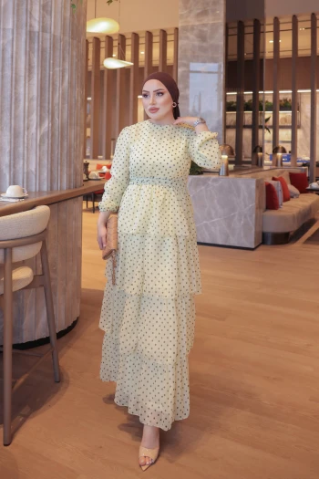 Sarı Eteği Katlı Şifon Elbise