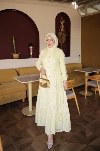 Sarı Yarım Düğmeli Fisto Nakışlı Elbise