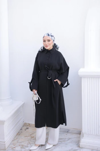 Siyah Bel Kuşaklı Cepli Oversize Tunik