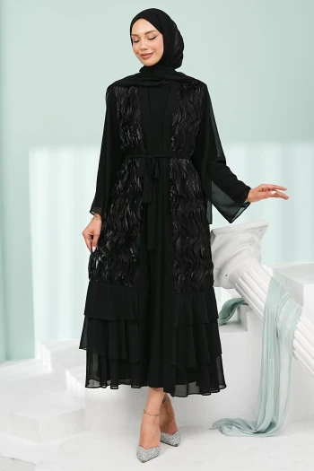 Siyah Eteği Katlı Fırfırlı İkili Abaya Takım