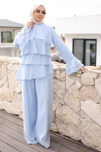 Bebe Mavi Önü Katlı  Tunik Pantolonlu Takım
