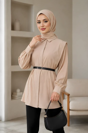 Bej Gizli Patlı Belden Kemerli Modal Dokuma Tunik