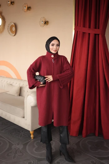 Bordo Fermuarlı Çift Kol Keçe Hırka