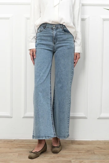 Buz  Mavi Yüksek Bel İspanyol Paça Jeans Pantolon