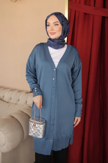 İndigo Düğmeli Soğuk İplik Triko Hırka