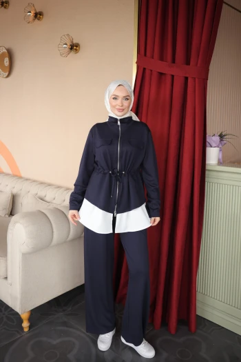 Lacivert Bel Bağlamalı Tunik Pantolonlu Takım