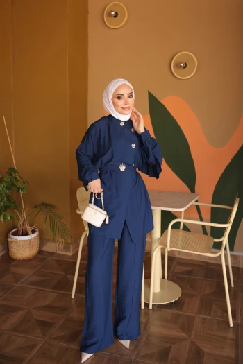 Lacivert Önü Düğmeli Kuşaklı Tunik Pantolonlu Takım