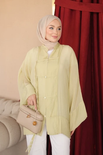 Mint Yeşili Biye Düğmeli Kimono