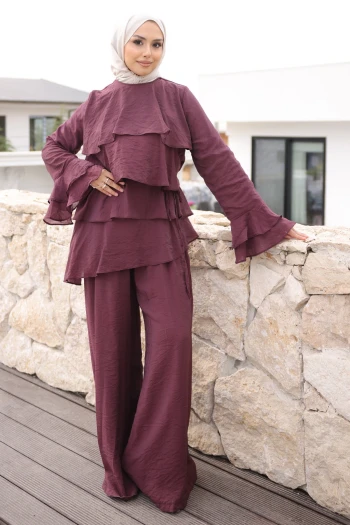Mürdüm Önü Katlı  Tunik Pantolonlu Takım