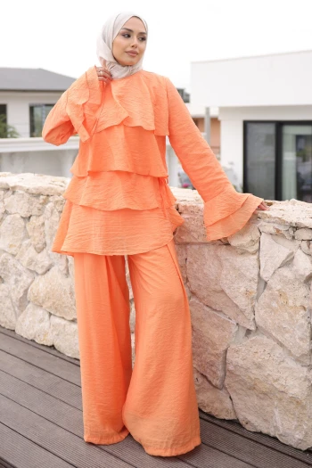 Oranj Önü Katlı  Tunik Pantolonlu Takım