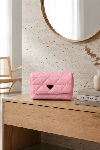 Pembe Kapitone Desenli Askılı Omuz Çantası