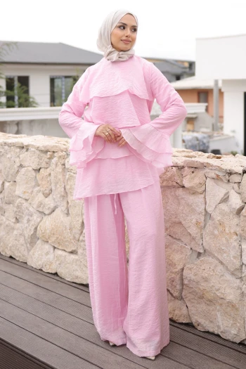 Pembe Önü Katlı  Tunik Pantolonlu Takım
