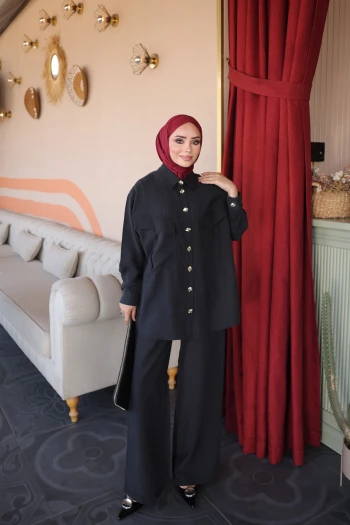 Siyah Cepli Tunik Pantolonlu Tencel Takım